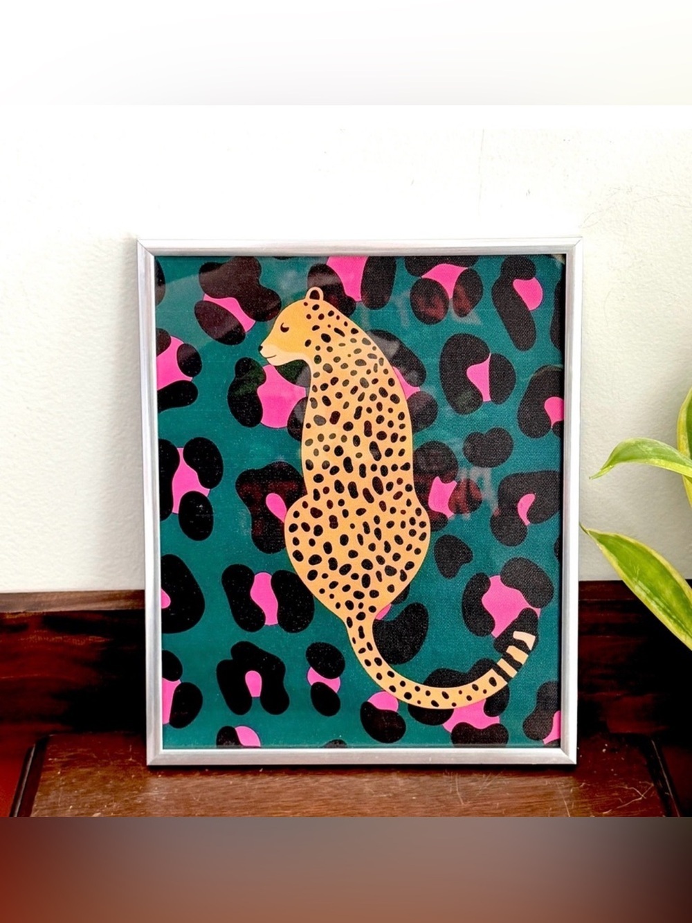 Dark Moody Cheetah Teal Pink Leopard Canvas Wall Art Print Silver Framed Art